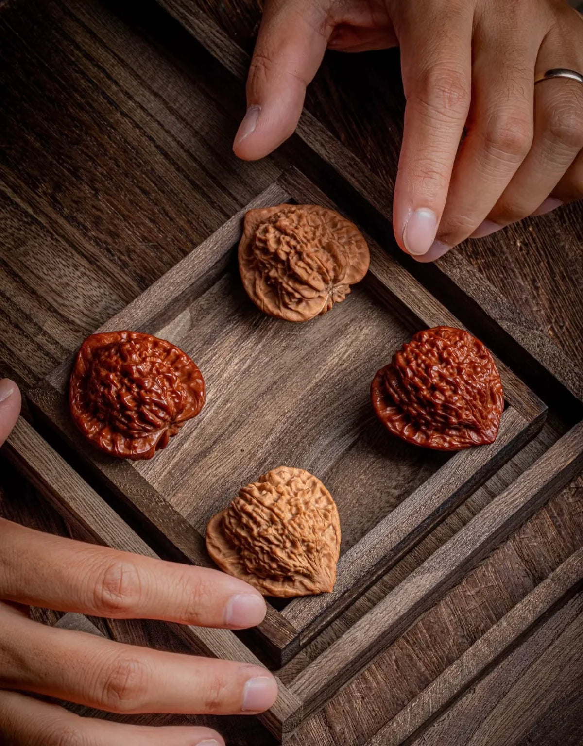 Four walnuts with different colors and shapes arranged on a wooden tray.